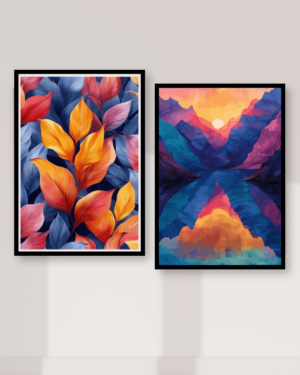 Personalized Vibrant Boho Nature Wall Art Frame with Colorful Botanical Leaves and Mountain Landscape