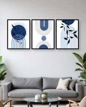 Personalised Blue Botanical Geometric Triptych Frame – Modern Minimalist Wall Art