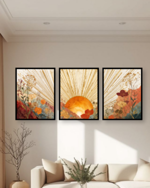 Personalised Floral Sunrise Triptych Frame – Warm Botanical Wall Art