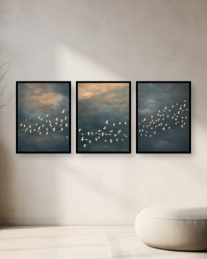 Personalised Flying Birds Triptych Frame – Moody Blue Minimalist Wall Art