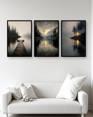 Personalised Misty Forest Lake Triptych Frame – Moody Nature Wall Art