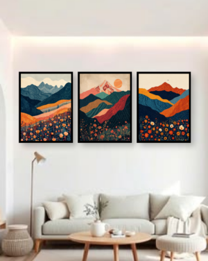 Personalised Floral Mountain Triptych Frame – Colourful Landscape Wall Art