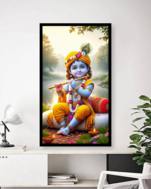 Lord Krishna flute wall art frame featuring Krishna playing bansuri